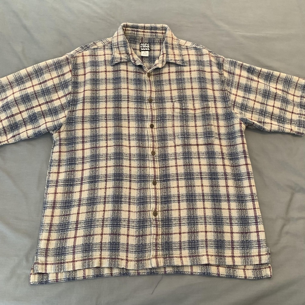 Teva Shirt Mens XL Blue Plaid Short Sleeve Button Front Casual Woven Cotton